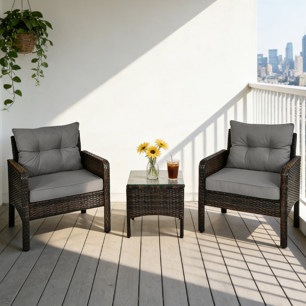 3 Pieces Patio PE Wicker Furniture Set With Cushions For Porch And Balcony Chair Supports 400 Lbs Adjustable Foot Pads For Patio, Porch, Balcony, Deck, Garden And Deck_voghion.com